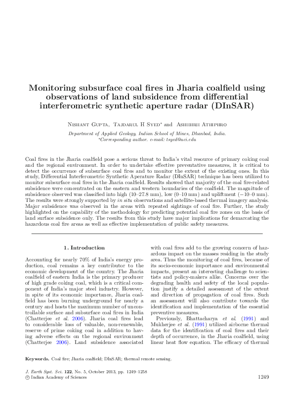 (PDF) Monitoring subsurface coal fires in Jharia coalfield using ...