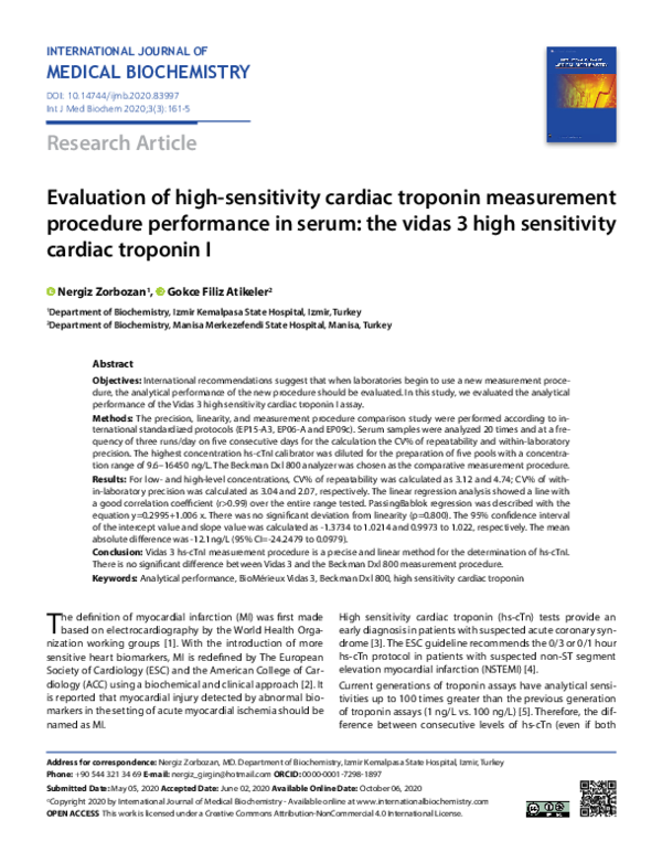 (PDF) Performance evaluation of Vidas 3 high Sensitive cardiac troponin ...