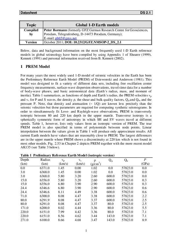 (PDF) Global 1-D Earth models