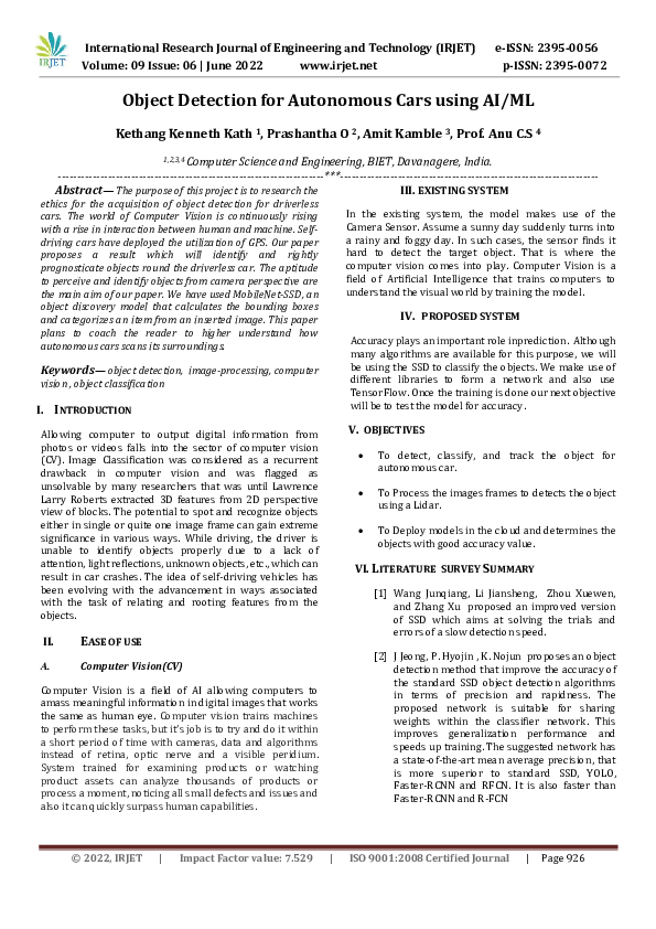 (PDF) Object Detection for Autonomous Cars using AI/ML