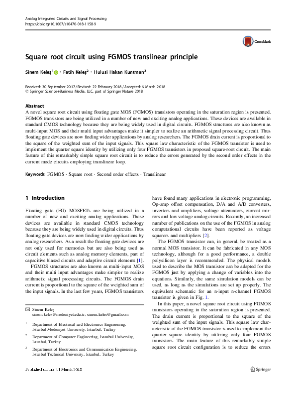 (PDF) Square root circuit using FGMOS translinear principle