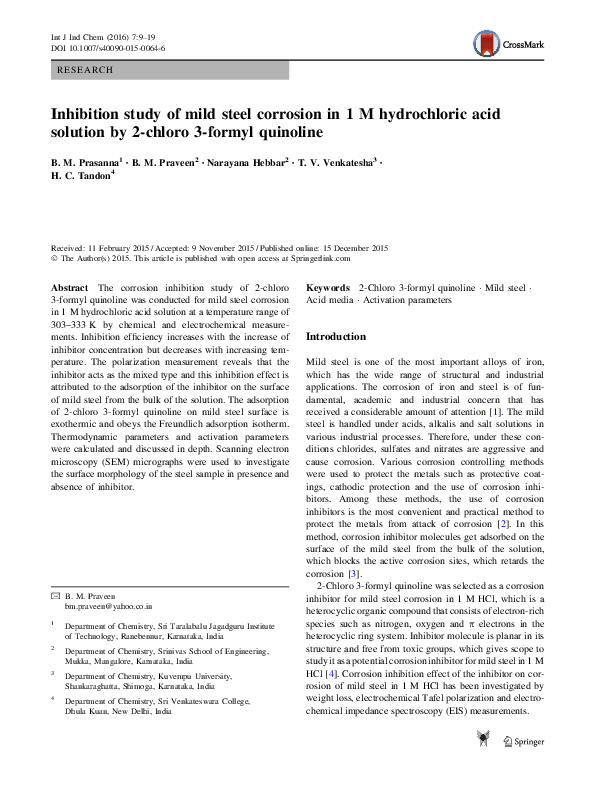 (PDF) Inhibition study of mild steel corrosion in 1 M hydrochloric acid ...