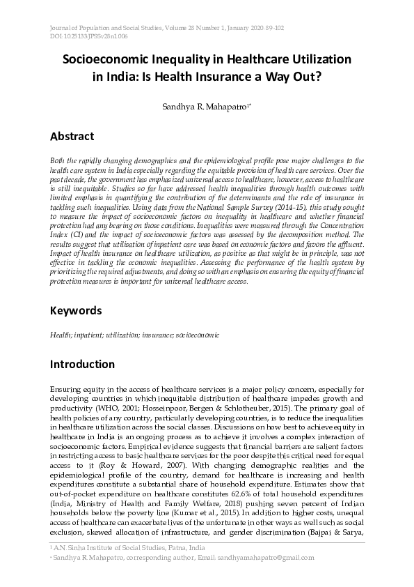 (PDF) Socioeconomic Inequality in Healthcare Utilization in India: Is ...