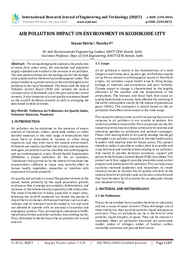 (PDF) AIR POLLUTION IMPACT ON ENVIRONMENT IN KOZHIKODE CITY