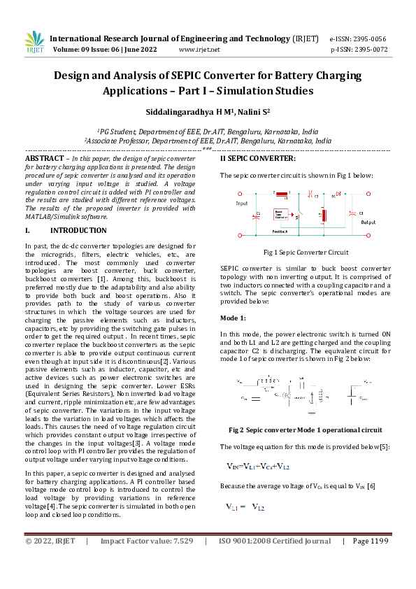 (PDF) Design and Analysis of SEPIC Converter for Battery Charging ...
