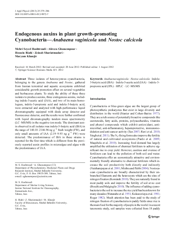 (PDF) Endogenous auxins in plant growth-promoting Cyanobacteria ...