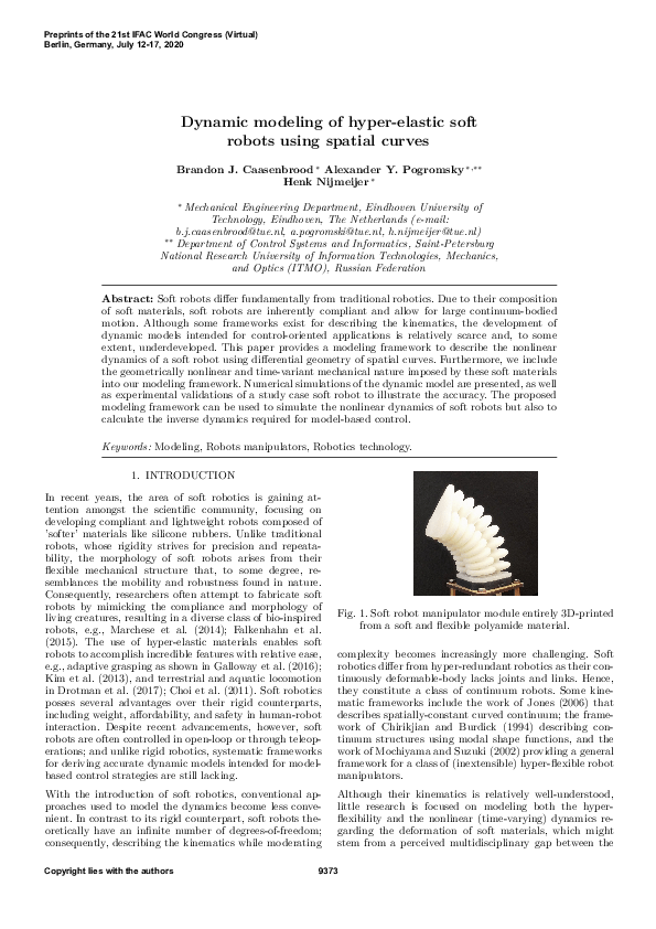 (PDF) Dynamic modeling of hyper-elastic soft robots using spatial curves