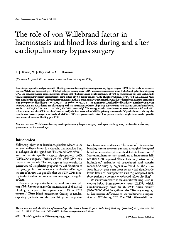 (PDF) The role of von Willebrand factor in haemostasis and blood loss ...