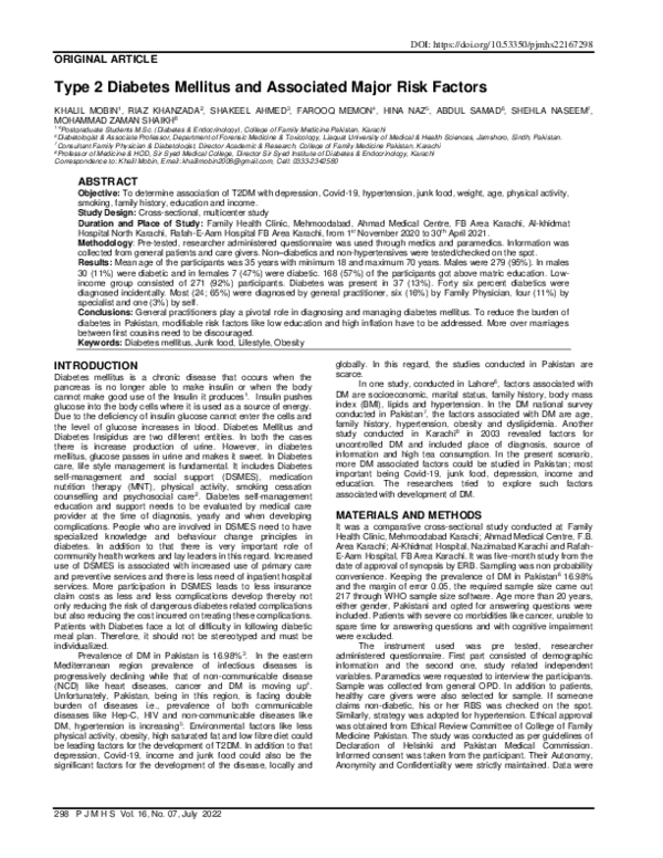 (PDF) Type 2 Diabetes Mellitus and Associated Major Risk Factors
