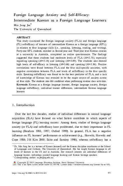(PDF) Foreign Language Anxiety and Self-Efficacy: Intermediate Korean ...