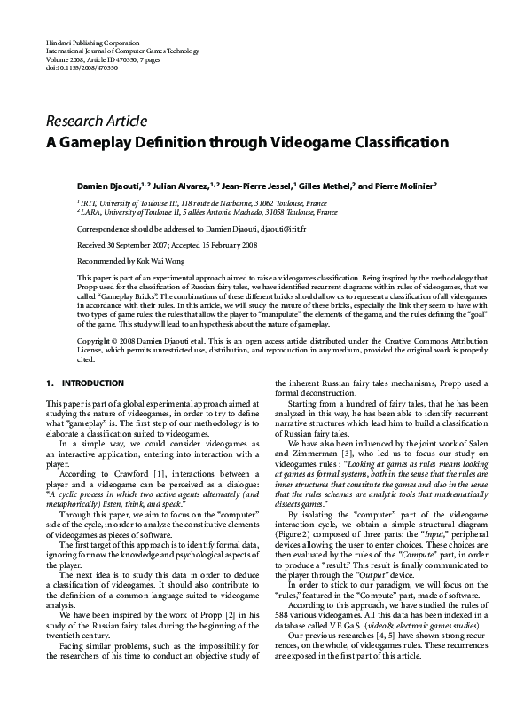 (PDF) A Gameplay Definition through Videogame Classification Julian