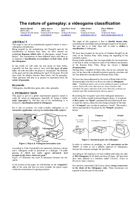 (PDF) The nature of gameplay a videogame classification Julian