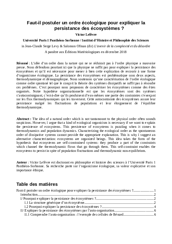 (PDF) Faut-il postuler un ordre écologique pour expliquer la ...