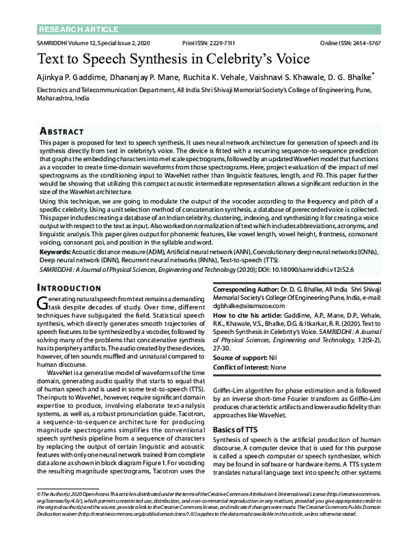 (PDF) Text to Speech Synthesis in Celebrity’s Voice