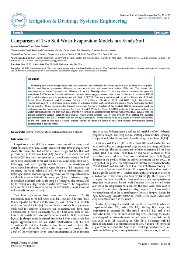 (PDF) Comparison of Two Soil Water Evaporation Models in a Sandy Soil Ayman Suleiman