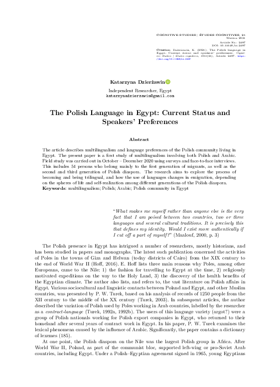 (PDF) The Polish Language in Egypt: Current Status and Speakers ...