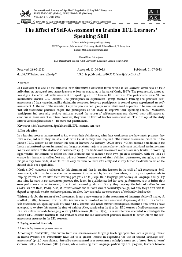 (PDF) The Effect of Self-Assessment on Iranian EFL Learners' Speaking Skill