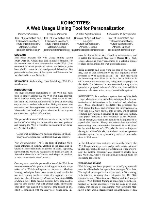 (PDF) KOINOTITES: A web usage mining tool for personalization