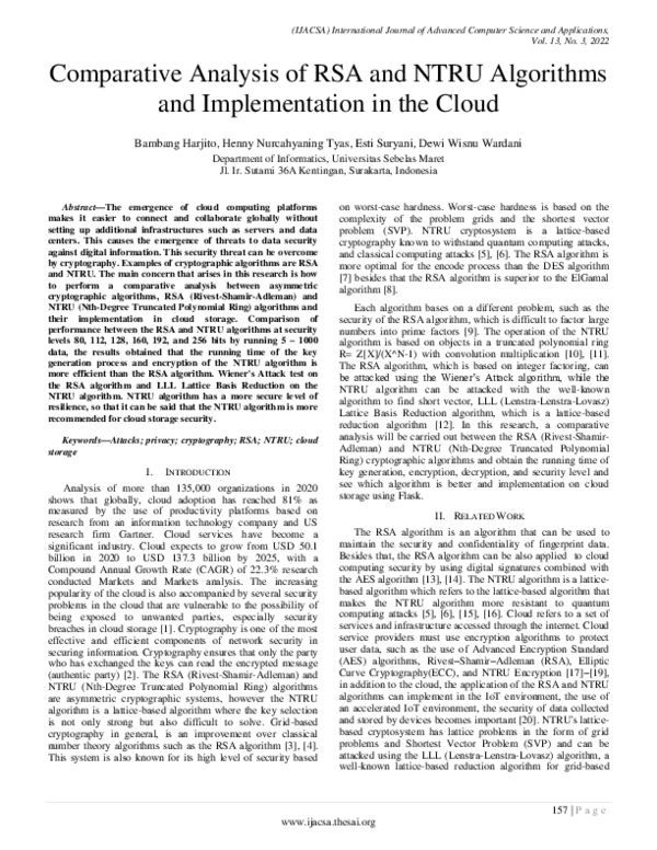 (PDF) Comparative Analysis of RSA and NTRU Algorithms and ...