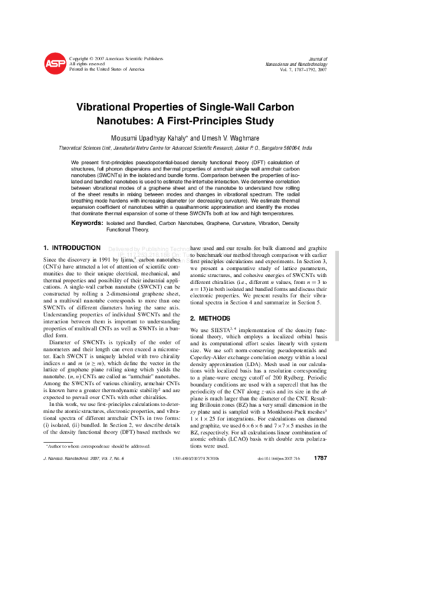(PDF) Vibrational Properties of Single-Wall Carbon Nanotubes: A First ...