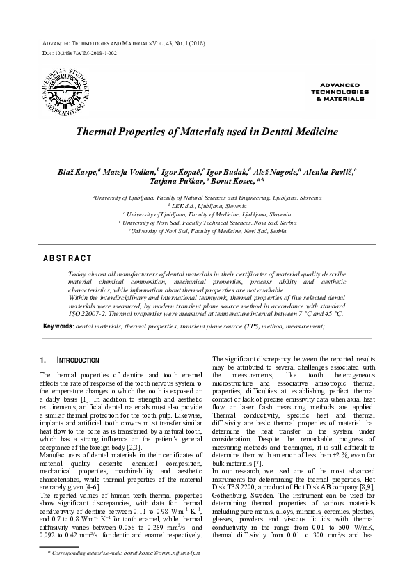 (PDF) Thermal Properties of Materials used in Dental Medicine Alenka
