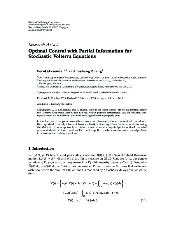 (PDF) Optimal Control with Partial Information for Stochastic Volterra ...