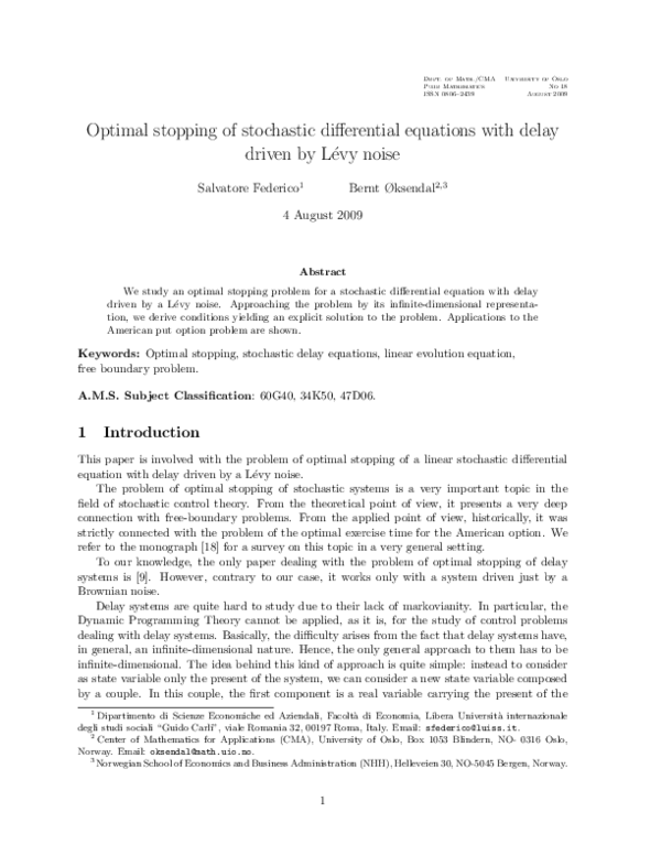 (PDF) Optimal Stopping of Stochastic Differential Equations with Delay ...