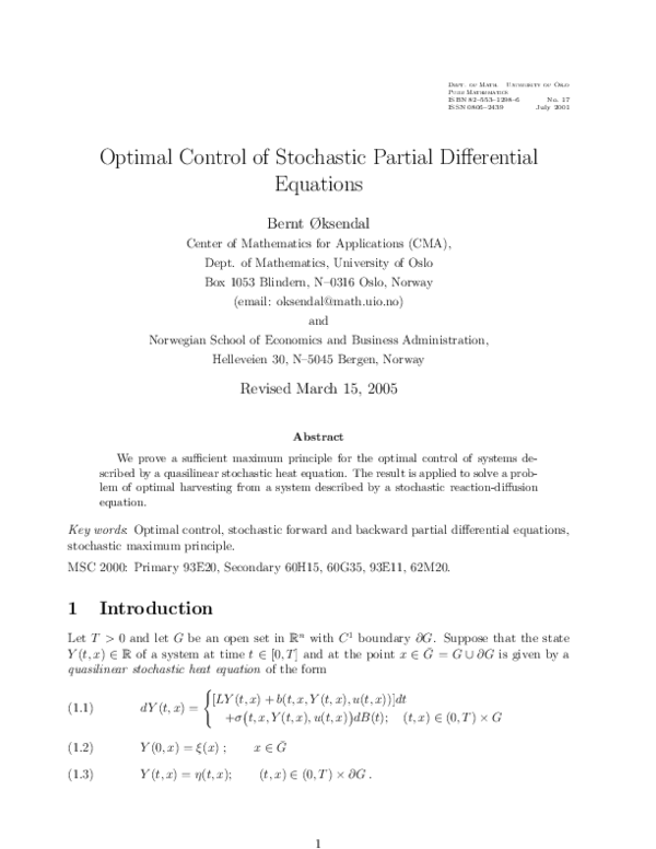 (PDF) Optimal Control of Stochastic Partial Differential Equations