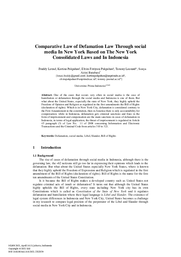 (PDF) Comparative Law of Defamation Law Through social media In New ...