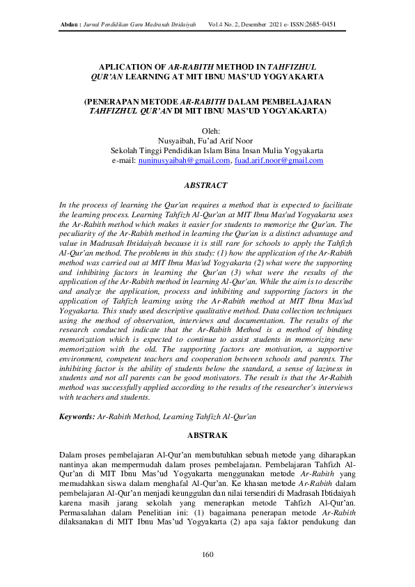 (PDF) Aplication of Ar-Rabith Method in Tahfizhul Qur’An Learning at ...