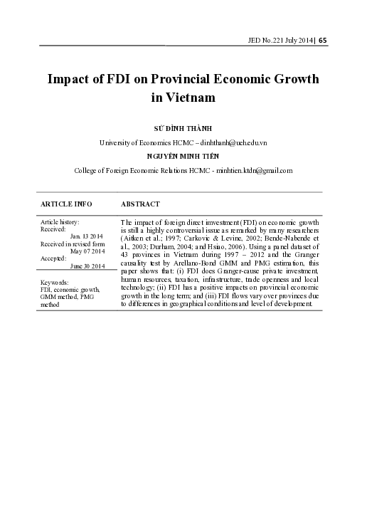 (PDF) Impact of FDI on Provincial Economic Growth in Vietnam