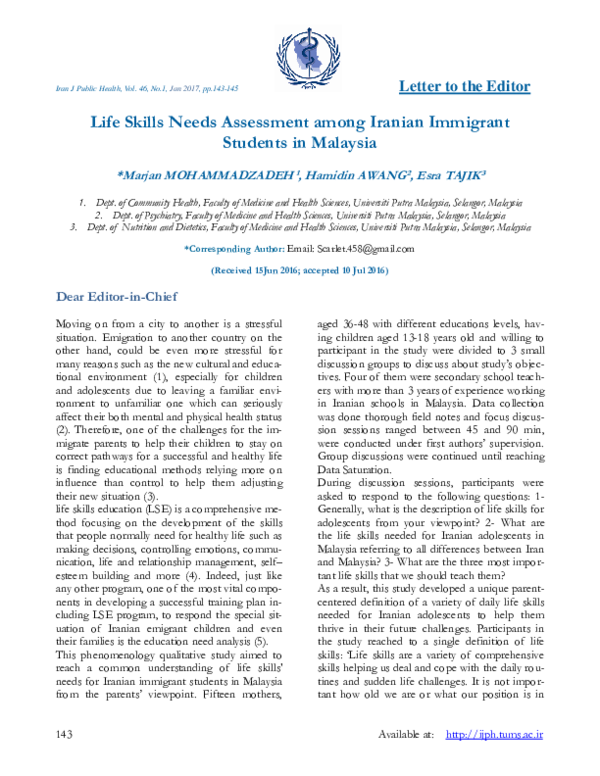 (PDF) Life Skills Needs Assessment among Iranian Immigrant Students in Malaysia Hamidin Awang