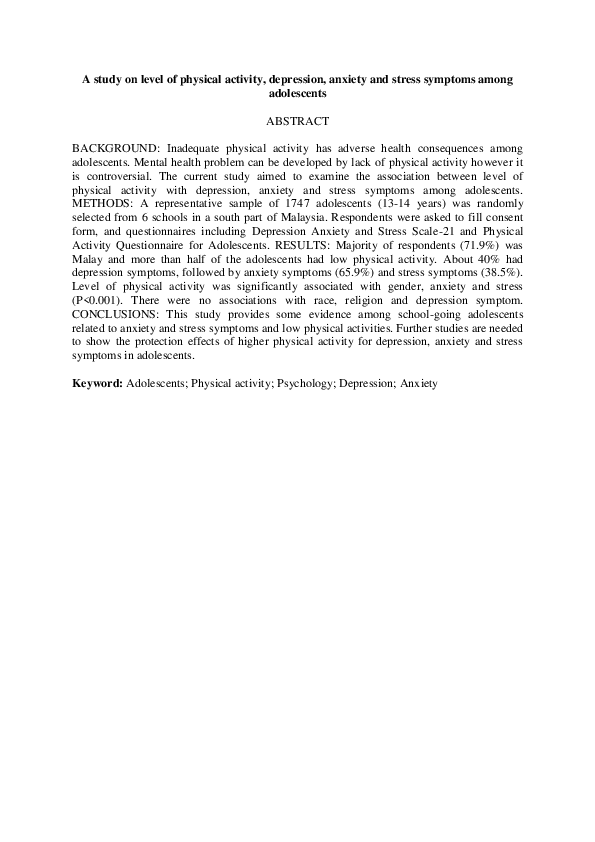 (PDF) A study on level of physical activity, depression, anxiety and ...