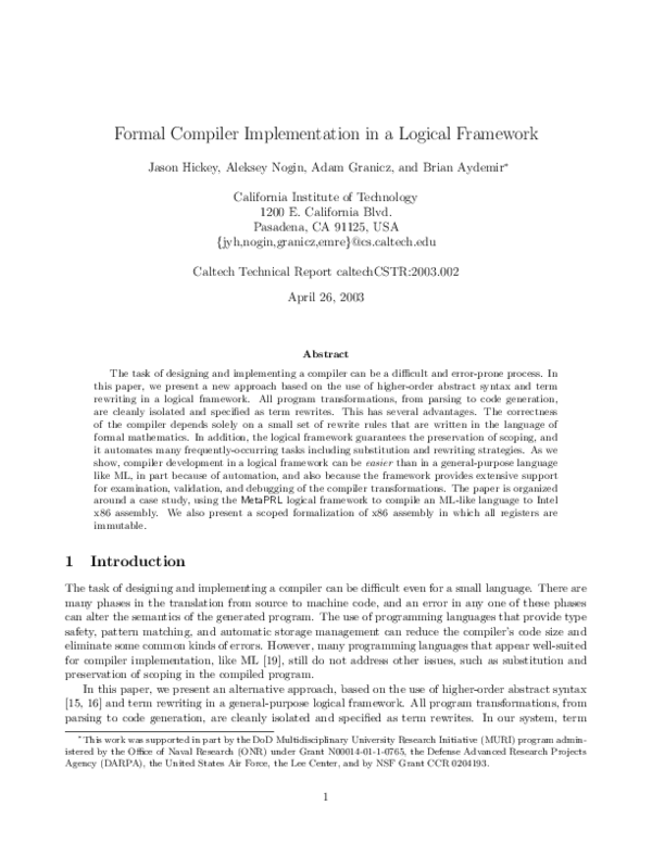 (PDF) Compiler implementation in a formal logical framework | Jason ...