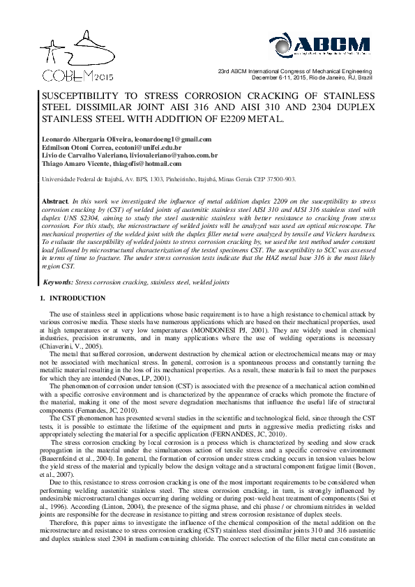 (PDF) Susceptibility to stress corrosion cracking of stainless steel ...