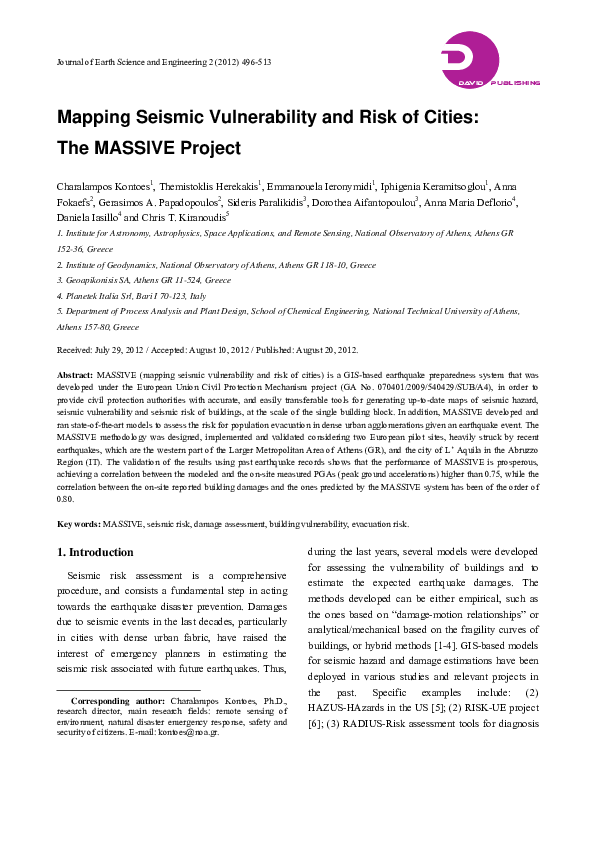 (PDF) Mapping Seismic Vulnerability and Risk of Cities: The MASSIVE Project
