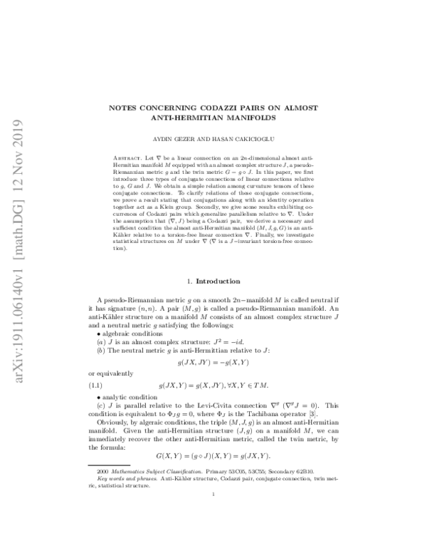 (PDF) Notes concerning Codazzi pairs on almost anti-Hermitian manifolds ...
