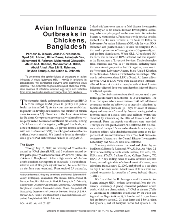 (PDF) Avian Influenza Outbreaks in Chickens, Bangladesh