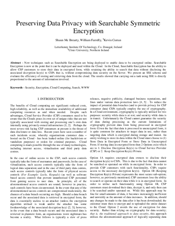 (PDF) Preserving data privacy with Searchable Symmetric Encryption