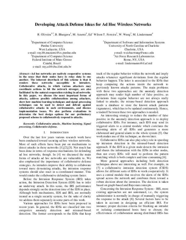 (PDF) Developing Attack Defense Ideas for Ad Hoc Wireless Networks