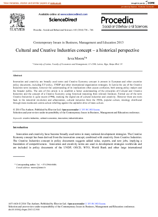 (PDF) Cultural and Creative Industries Concept – A Historical Perspective