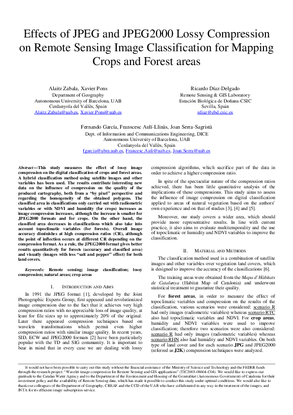 (PDF) Effects of JPEG and JPEG2000 Lossy Compression on Remote Sensing ...