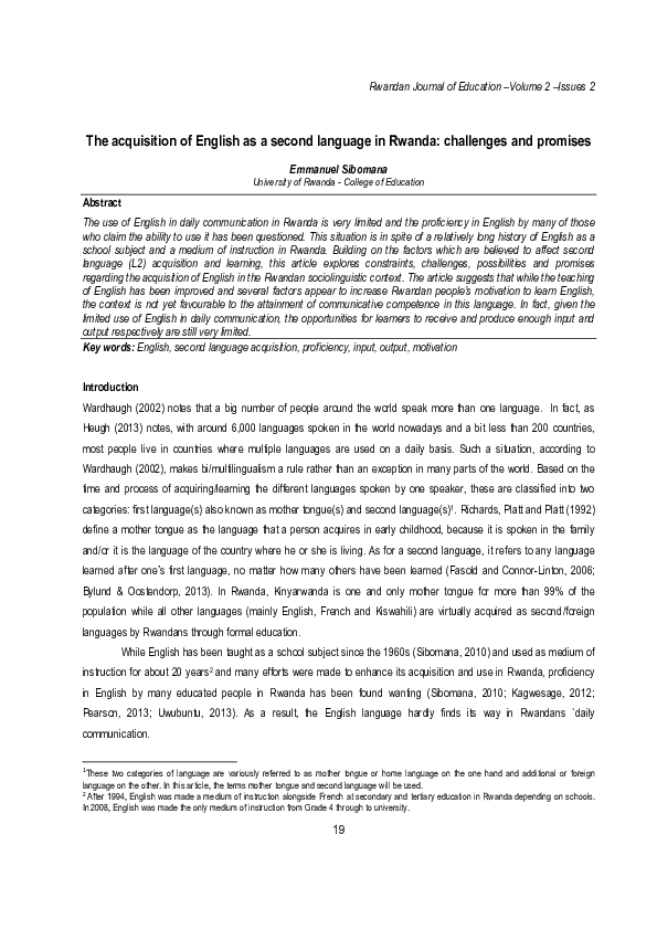 (PDF) 19 The acquisition of English as a second language in Rwanda ...