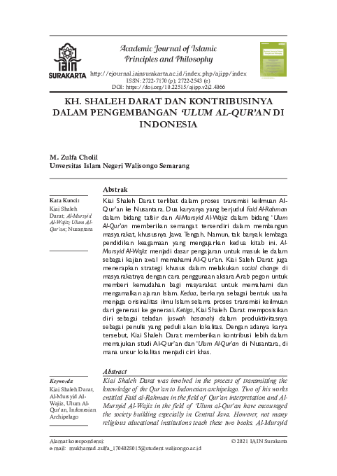 (PDF) Kh. Shaleh Darat Dan Kontribusinya Dalam Pengembangan ‘Ulum Al ...