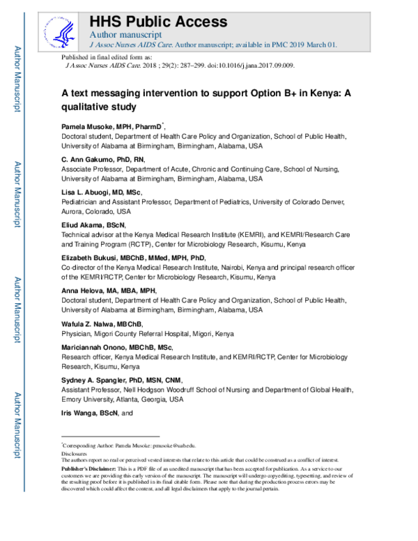 (PDF) A Text Messaging Intervention to Support Option B+ in Kenya: A ...