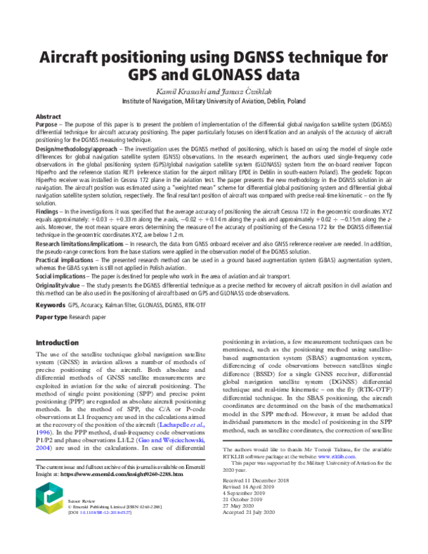 (PDF) Aircraft positioning using DGNSS technique for GPS and GLONASS data