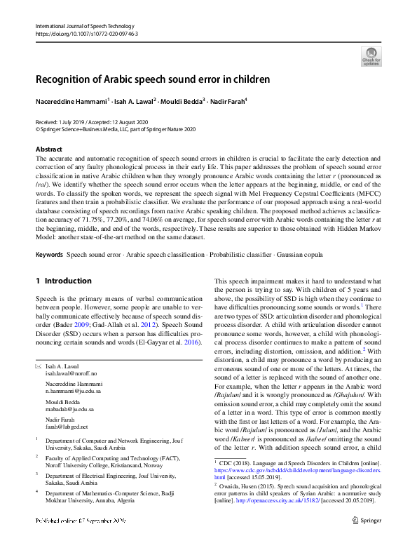(PDF) Recognition of Arabic speech sound error in children