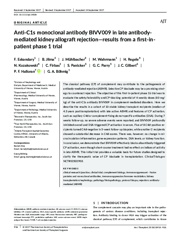 (PDF) Anti-C1s monoclonal antibody BIVV009 in late antibody-mediated ...