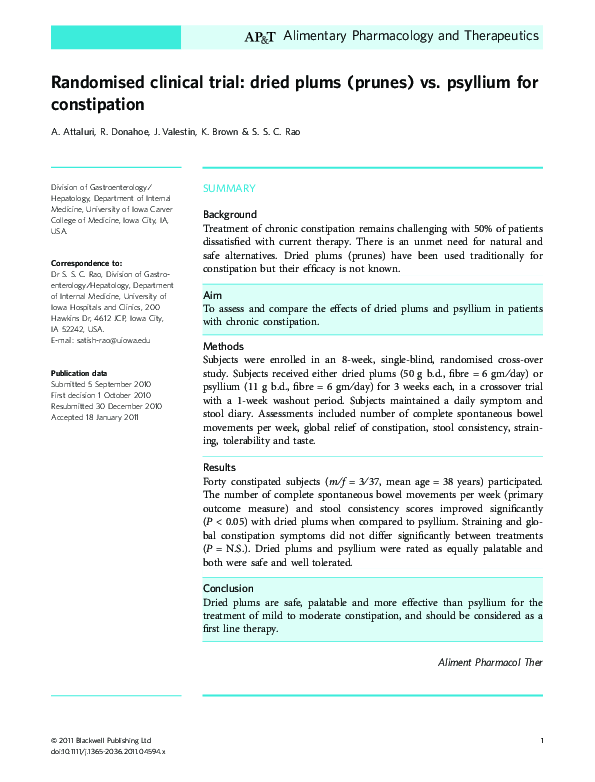 (PDF) Randomised clinical trial dried plums (prunes) vs. psyllium for
