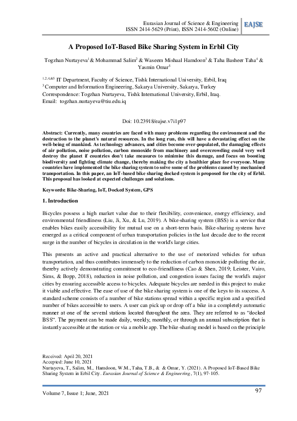 (PDF) A Proposed IoT-Based Bike Sharing System in Erbil City